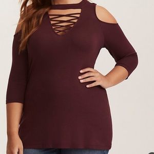 Super Soft Lace Up Neck Cold Shoulder Tee